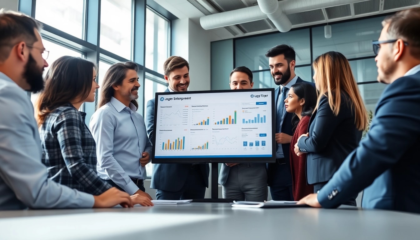A collaborative team using Logo Tiger Enterprise in a modern office setting.