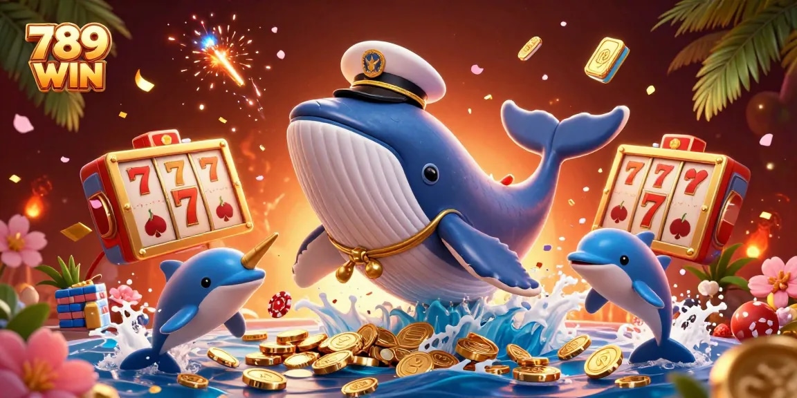 Engage with 789 WIN as a giant whale breaching in coins amidst stunning casino action.