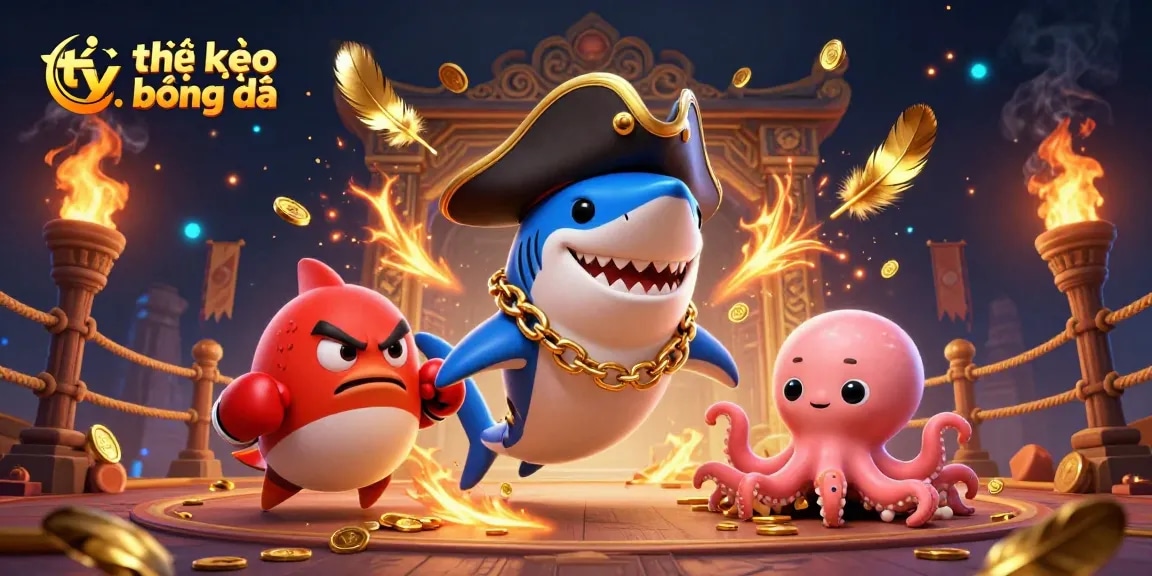 Engage in thrilling tỷ lệ kèo bóng đá with dynamic casino atmosphere, featuring fun shark and octopus characters.