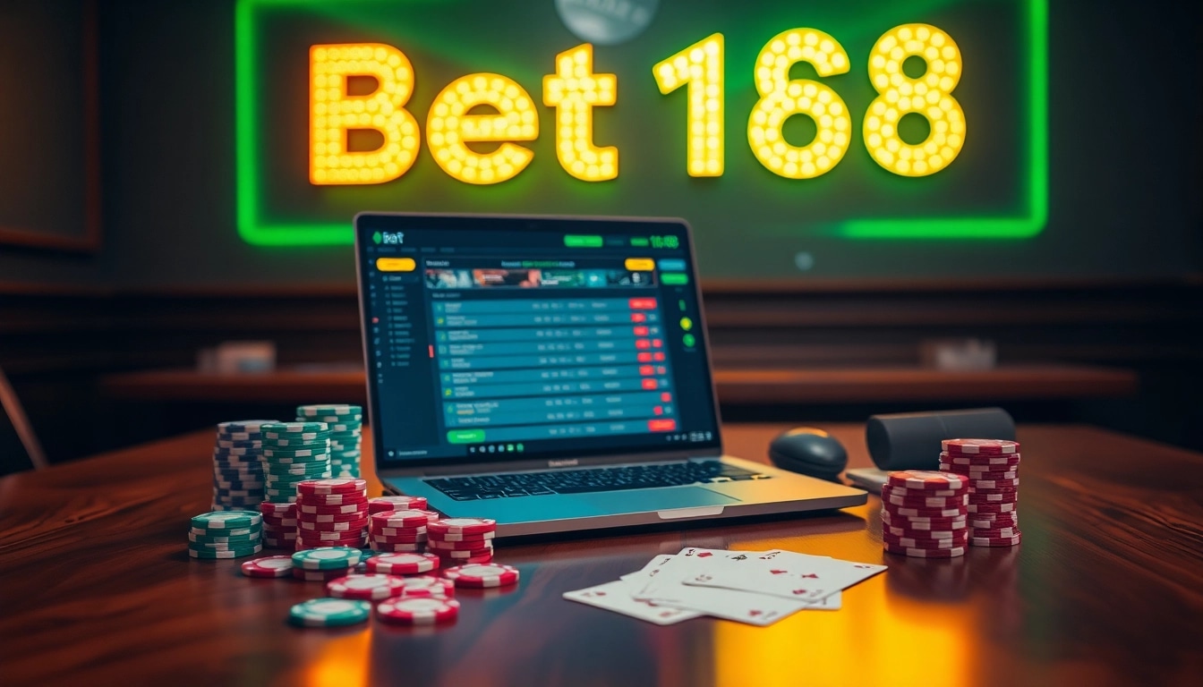 Bong da bet168 sports betting scene with poker chips, a laptop, and vibrant cards.