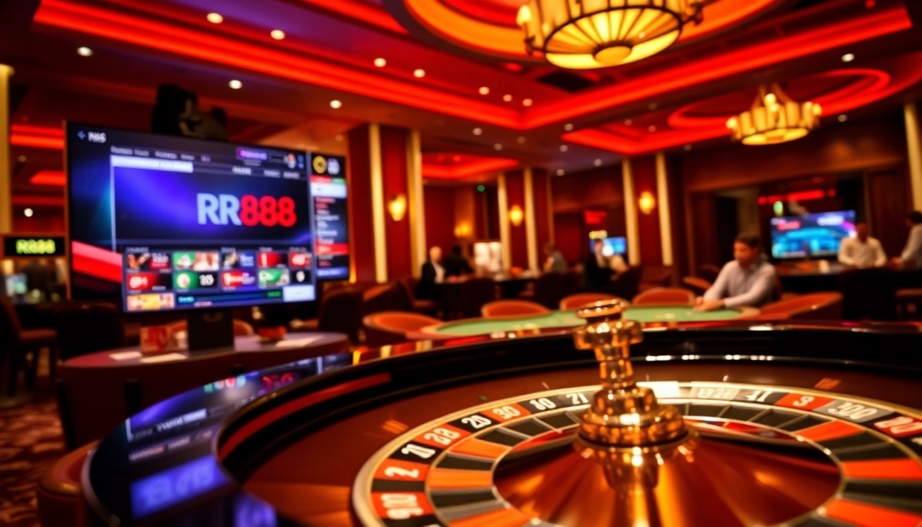 Experience excitement at RR88 with a dynamic casino scene featuring roulette and cards.