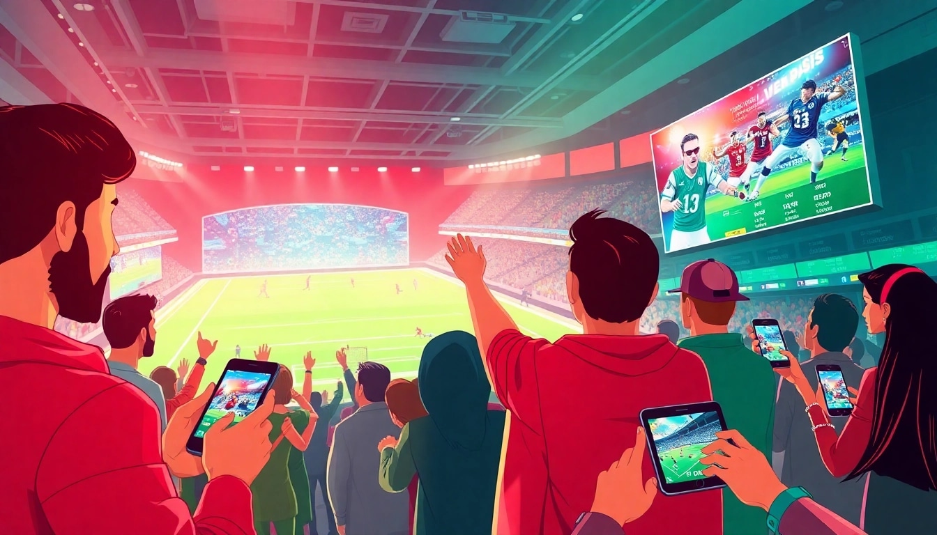 Enthusiastic fans engaging in sports betting with the https://thabetiger.com/ app in hand during a thrilling live event.
