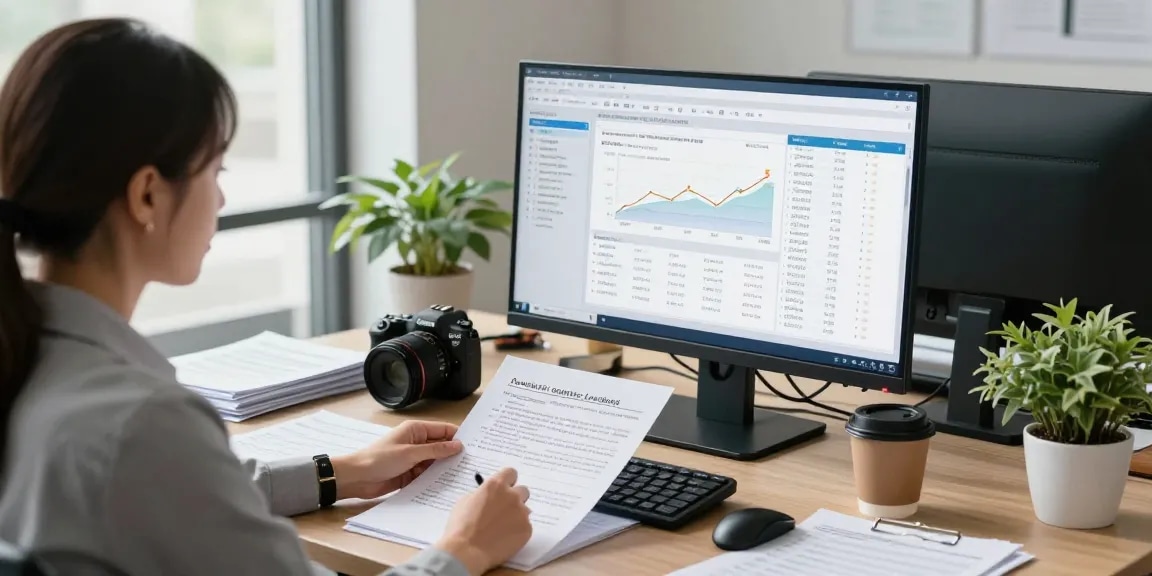 Forensic auditor at work analyzing data at aafikotasurabaya.org office.