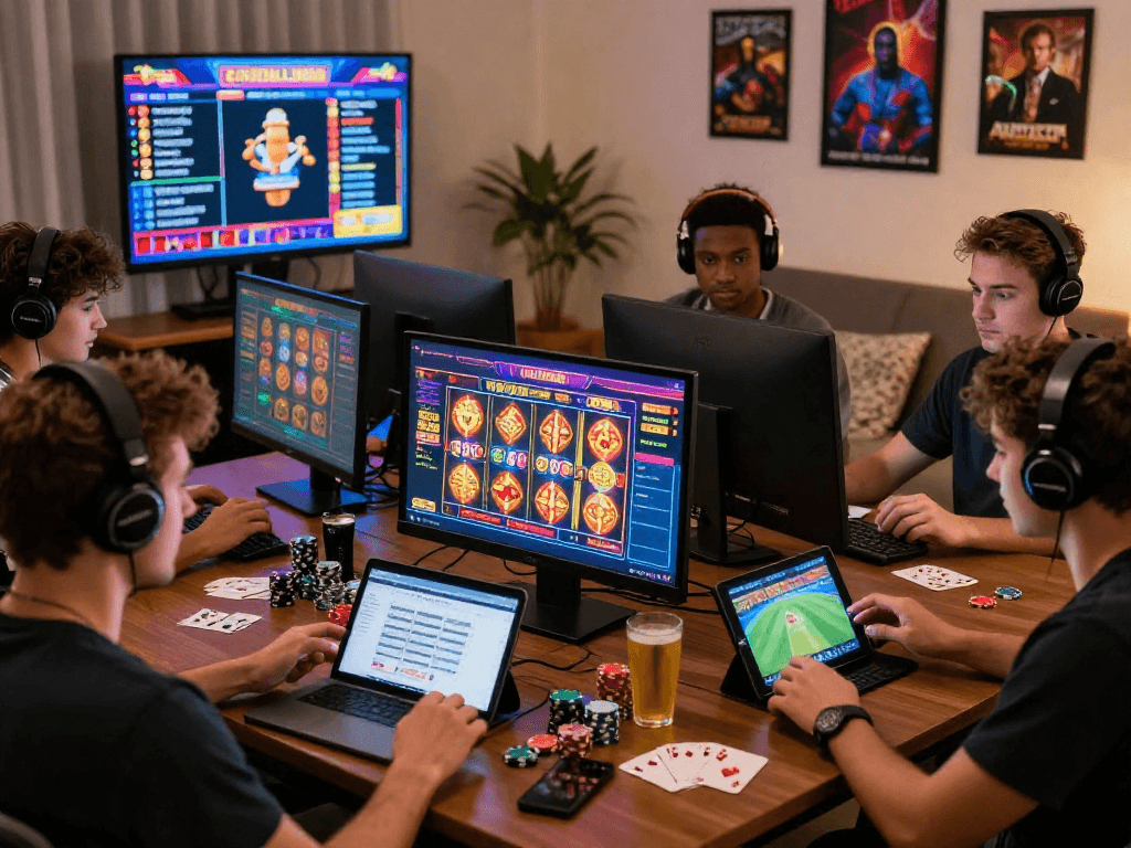 Players enjoying online gaming at home, exploring uk casinos not on gamstop in a vibrant setup.