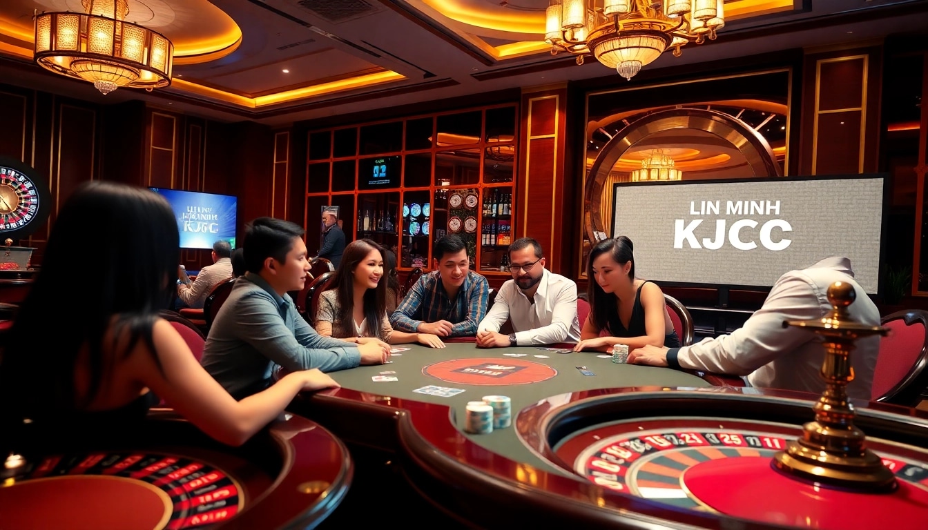 Players engaging in a thrilling casino game featuring LIÊN MINH KJC branding and colorful chips.