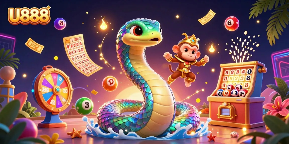 Engage with U888's vibrant lottery scene featuring a rainbow serpent and playful monkey king.