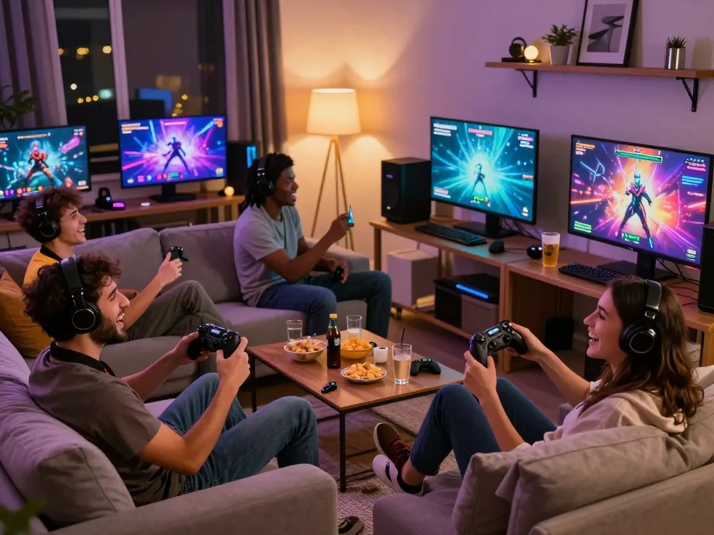 Engaged group playing porn games online in modern living room with lively atmosphere.