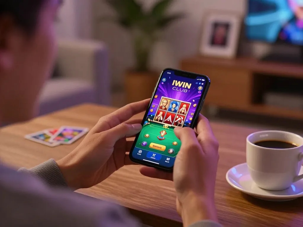 Engaging with IWIN CLUB app on smartphone, showcasing vibrant gaming excitement.