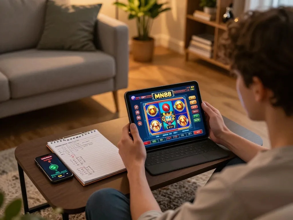 Engaging in online gambling using the MN88 link on a tablet, set in a cozy home atmosphere with strategic notes visible.