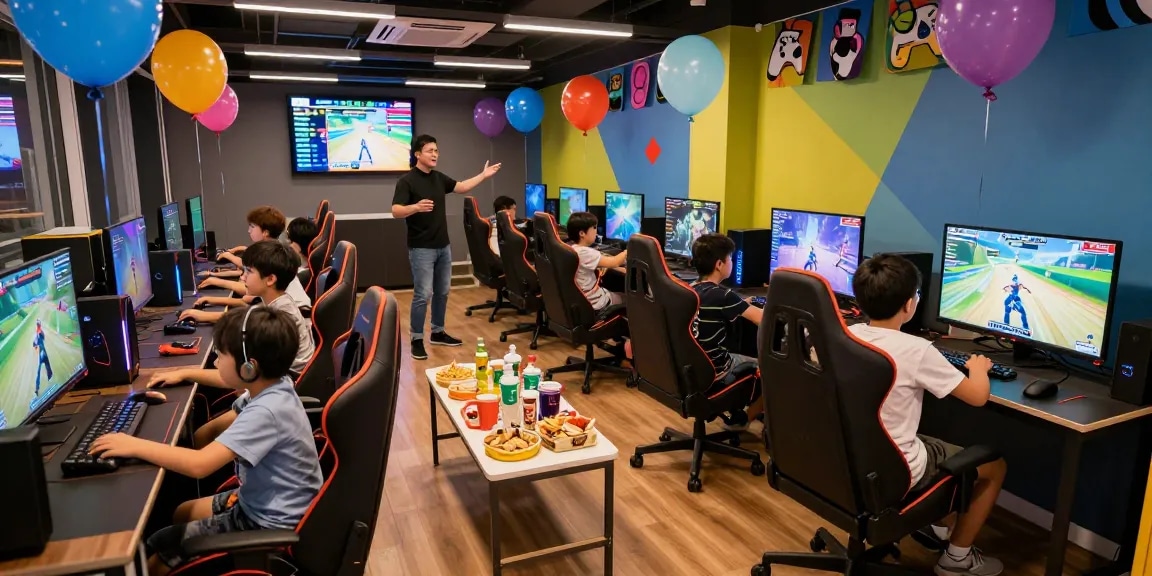 Exciting gaming party London scene with kids playing video games and colorful decorations.