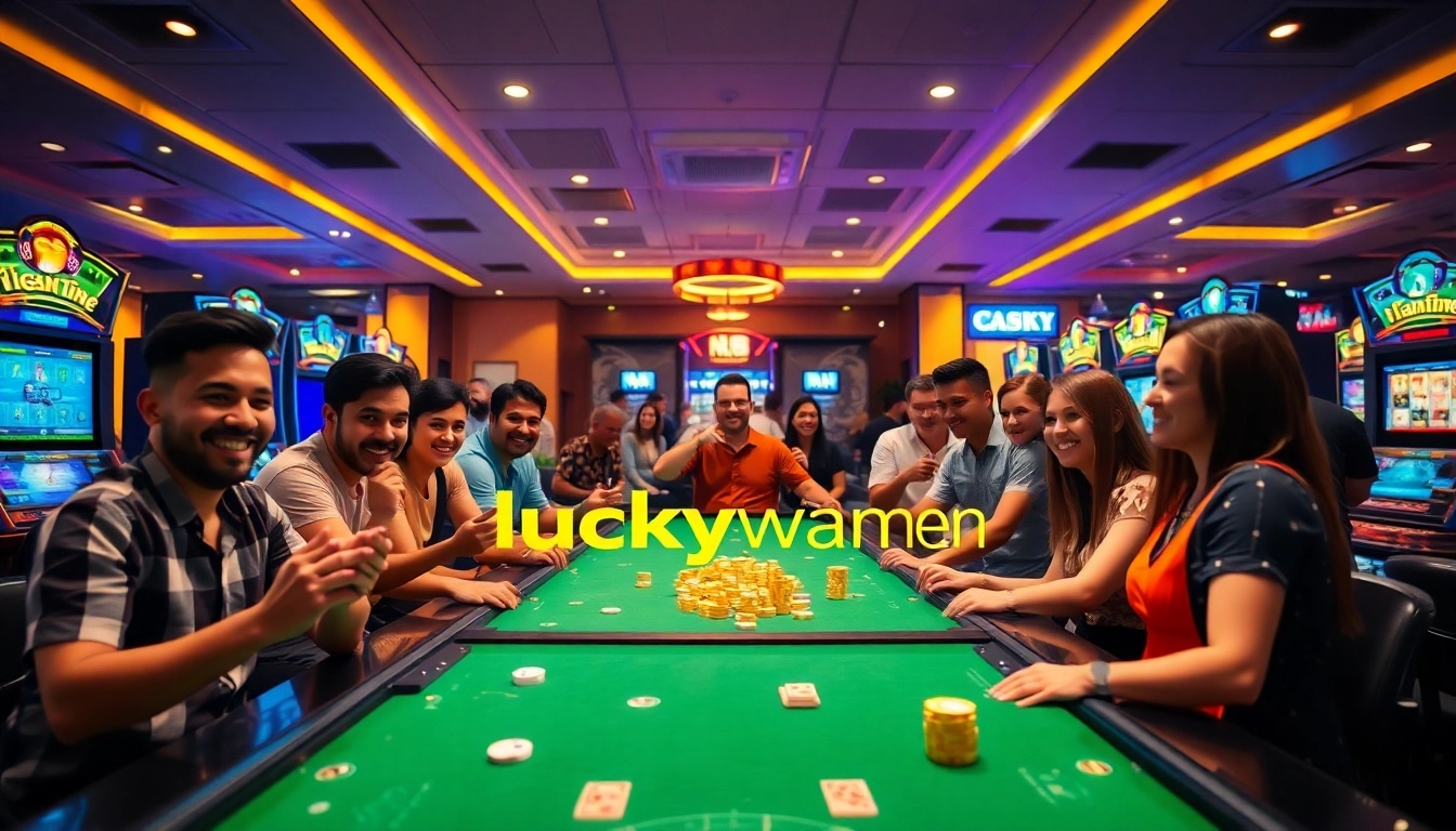 Exciting gaming experience at luckywin.name with players celebrating wins in a modern casino.