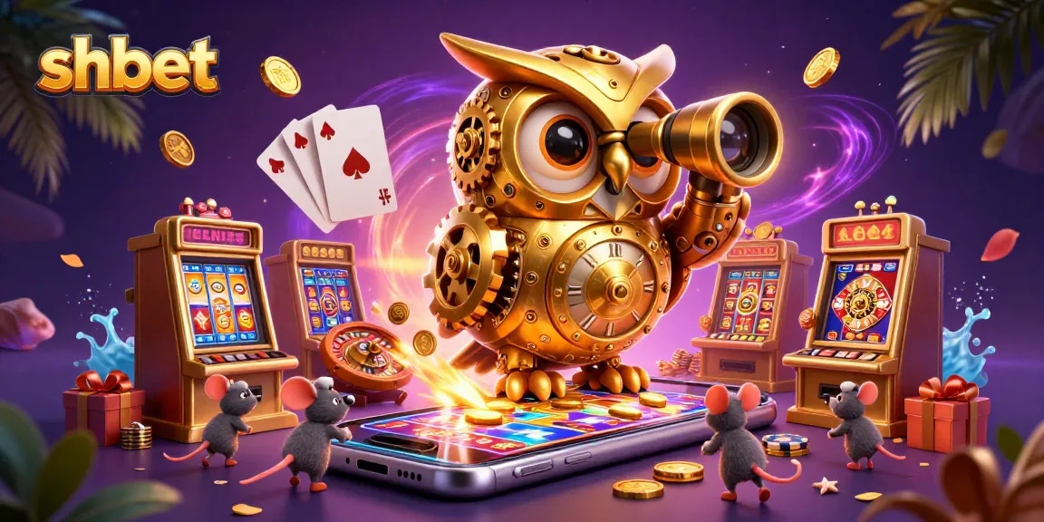 Experience thrilling shbet gaming with a whimsical scene featuring a clockwork owl and vibrant casino elements.