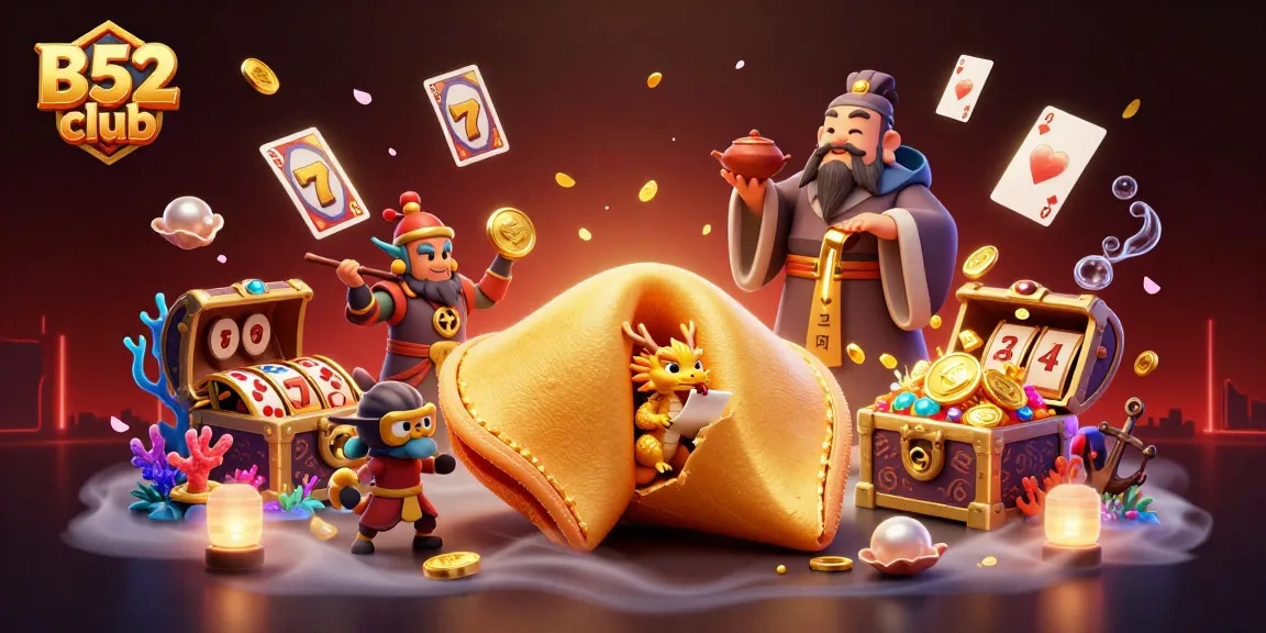 A dynamic scene showcasing the B52 club with a giant fortune cookie, dragon, and colorful casino elements.