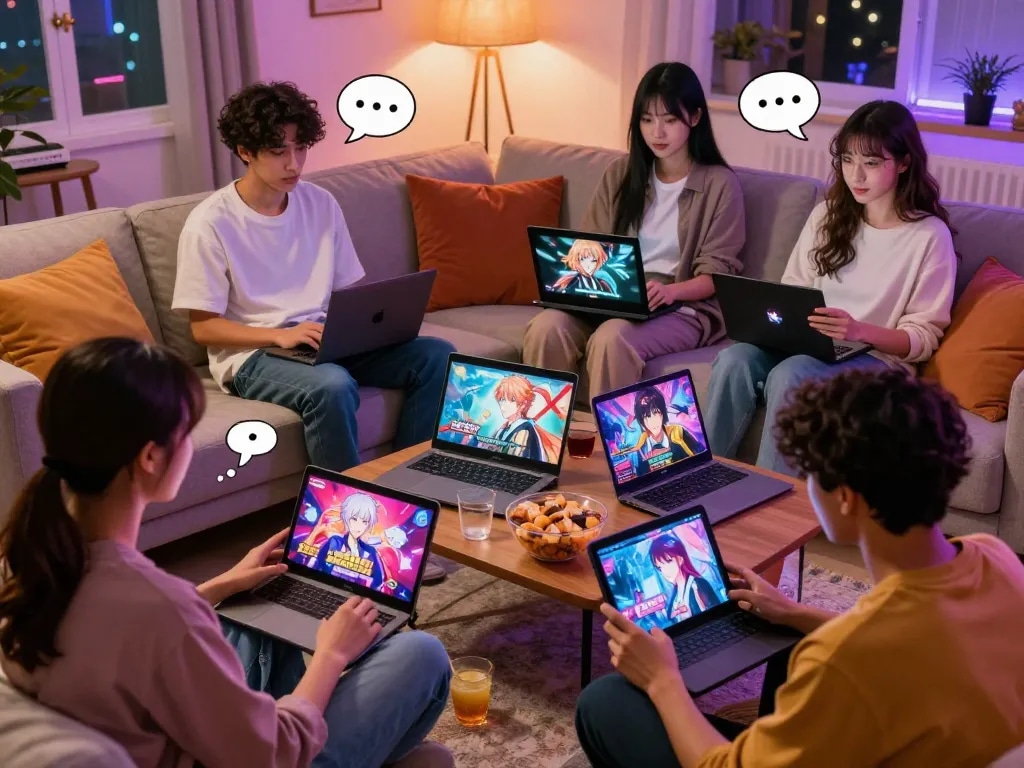 Engaged players enjoying exciting porngame titles on multiple devices in a cozy living room setting.