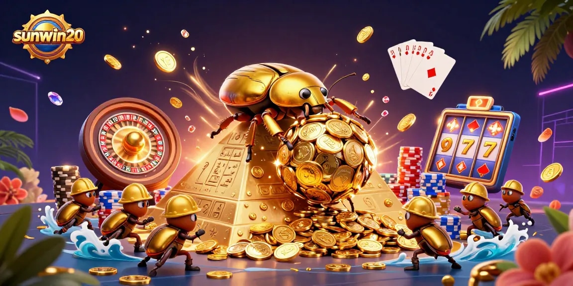 Experience the excitement of sunwin20 as golden beetles roll coins amidst sparkling casino elements.