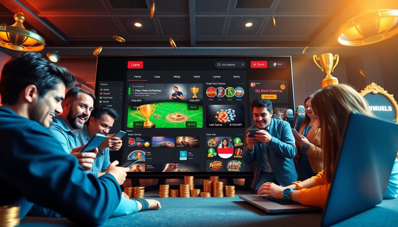 Engaging online gambling scene illustrating bk860s.com with diverse players on devices, capturing excitement and trust.