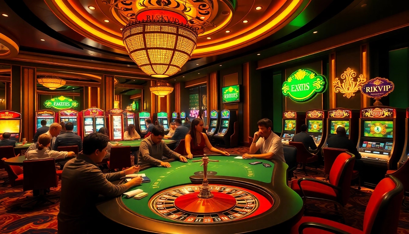 Experience the thrill of rikvip gambling with an engaging casino scene featuring poker, roulette, and vibrant slot machines.