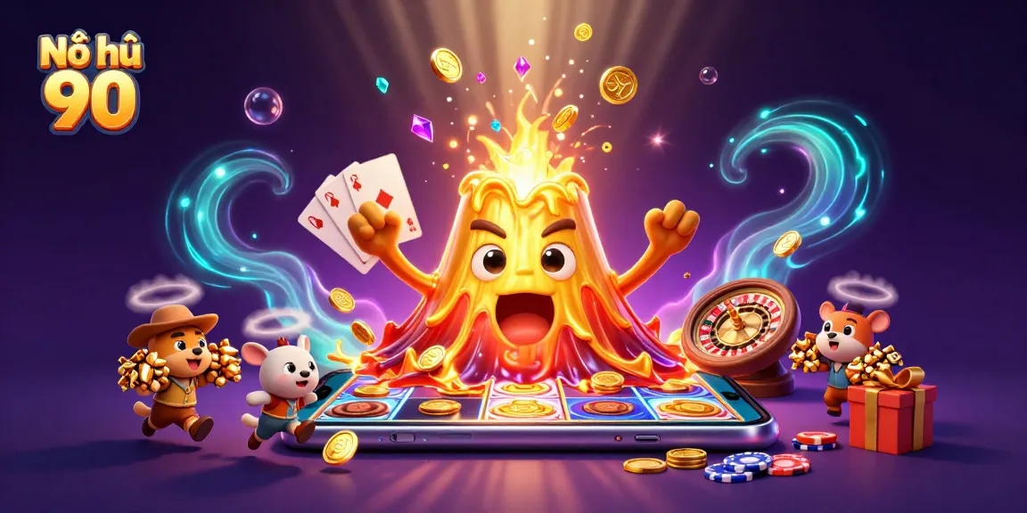 Nổ hũ 90 explodes with gold and treasures as the lucky volcano erupts in a vibrant casino scene.