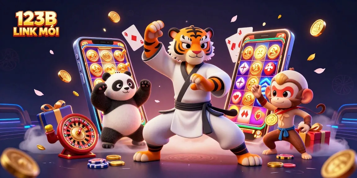 Experience the thrilling action of 123B LINK MỚI with a kung fu tiger, panda, and monkey in a vibrant casino scene.