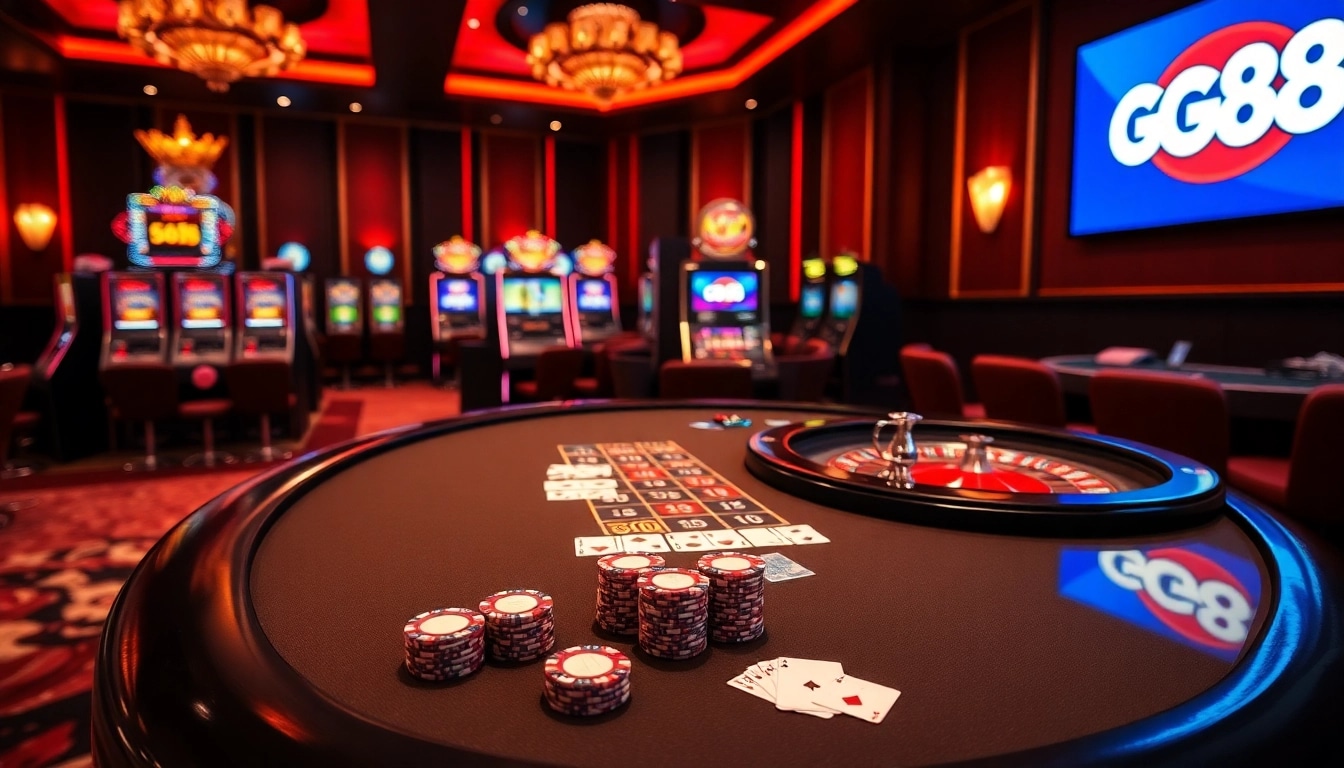 Experience the excitement of GG88 with vibrant casino tables, playing cards, and roulette wheels.