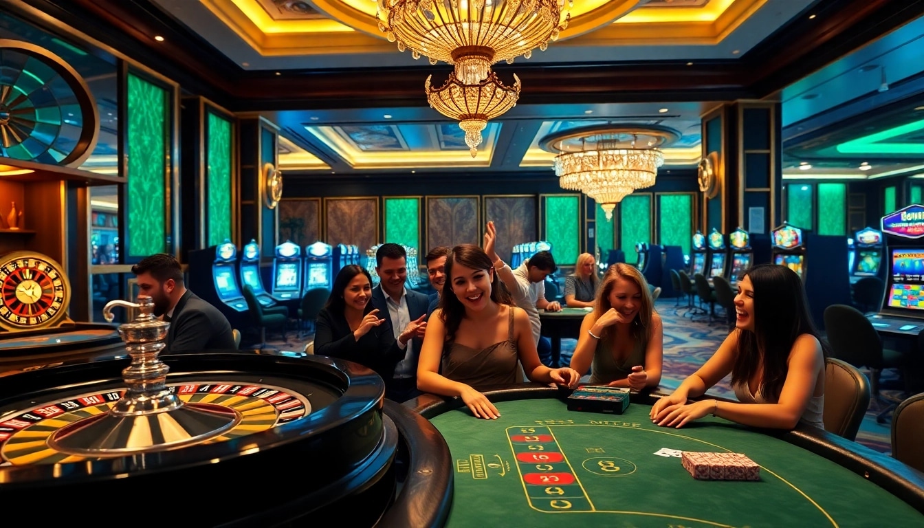 Debet players enjoying a lively poker game in a luxurious casino setting.