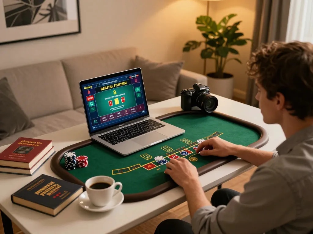 Player engaging in online blackjack at 678vip on a modern laptop, showcasing a comfortable and strategic gaming environment.