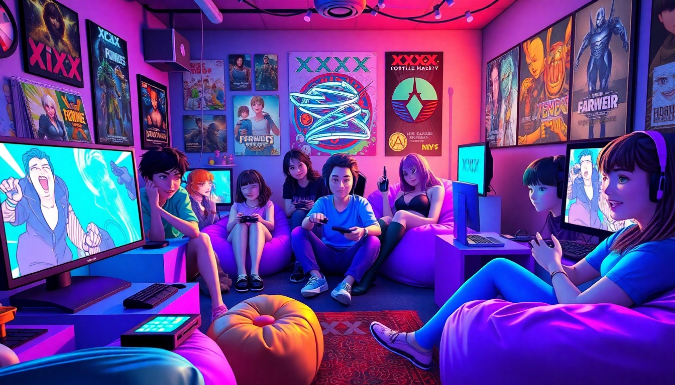 Players enjoying various XXX games in a colorful gaming room.