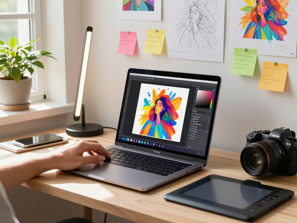 Digital artist utilizing nano banana pro in a vibrant workspace filled with creative elements and bright natural light.