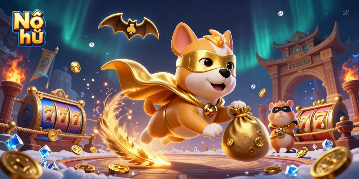 Engage in exhilarating Nổ hũ experiences with characters in a vibrant casino illustration filled with action and excitement.