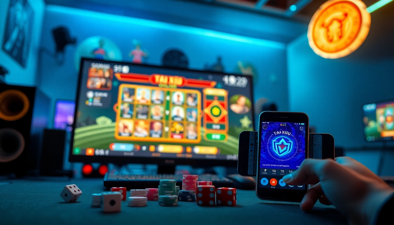 Tài Xỉu Online gaming scene with dynamic visuals and modern setup