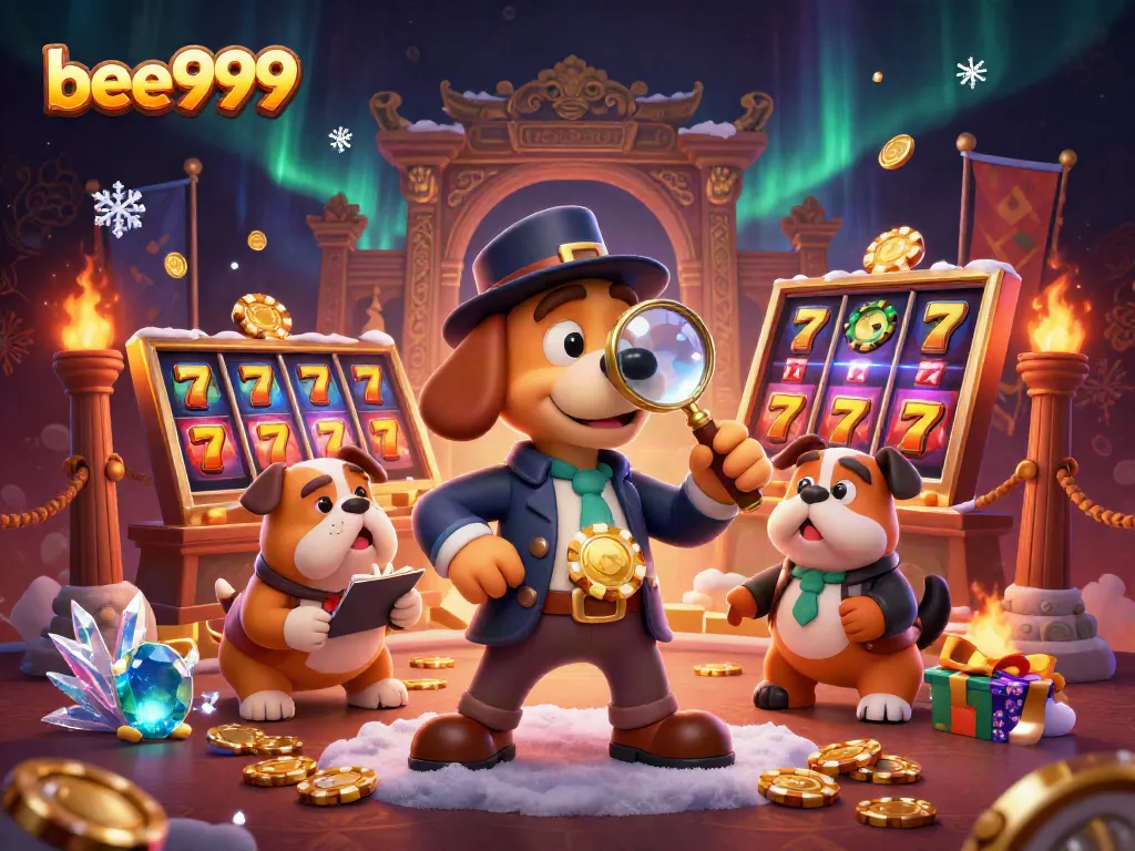 Engage with bee999 through a vibrant 3D illustration showcasing a detective and his canine companion in a dynamic gaming environment.