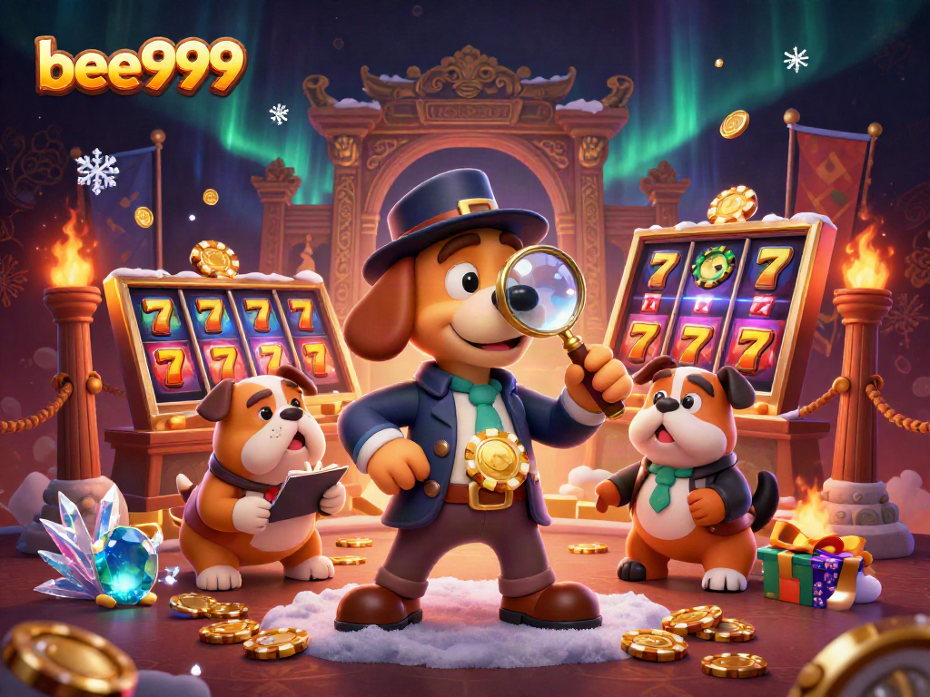 Engage with bee999 through a vibrant 3D illustration showcasing a detective and his canine companion in a dynamic gaming environment.