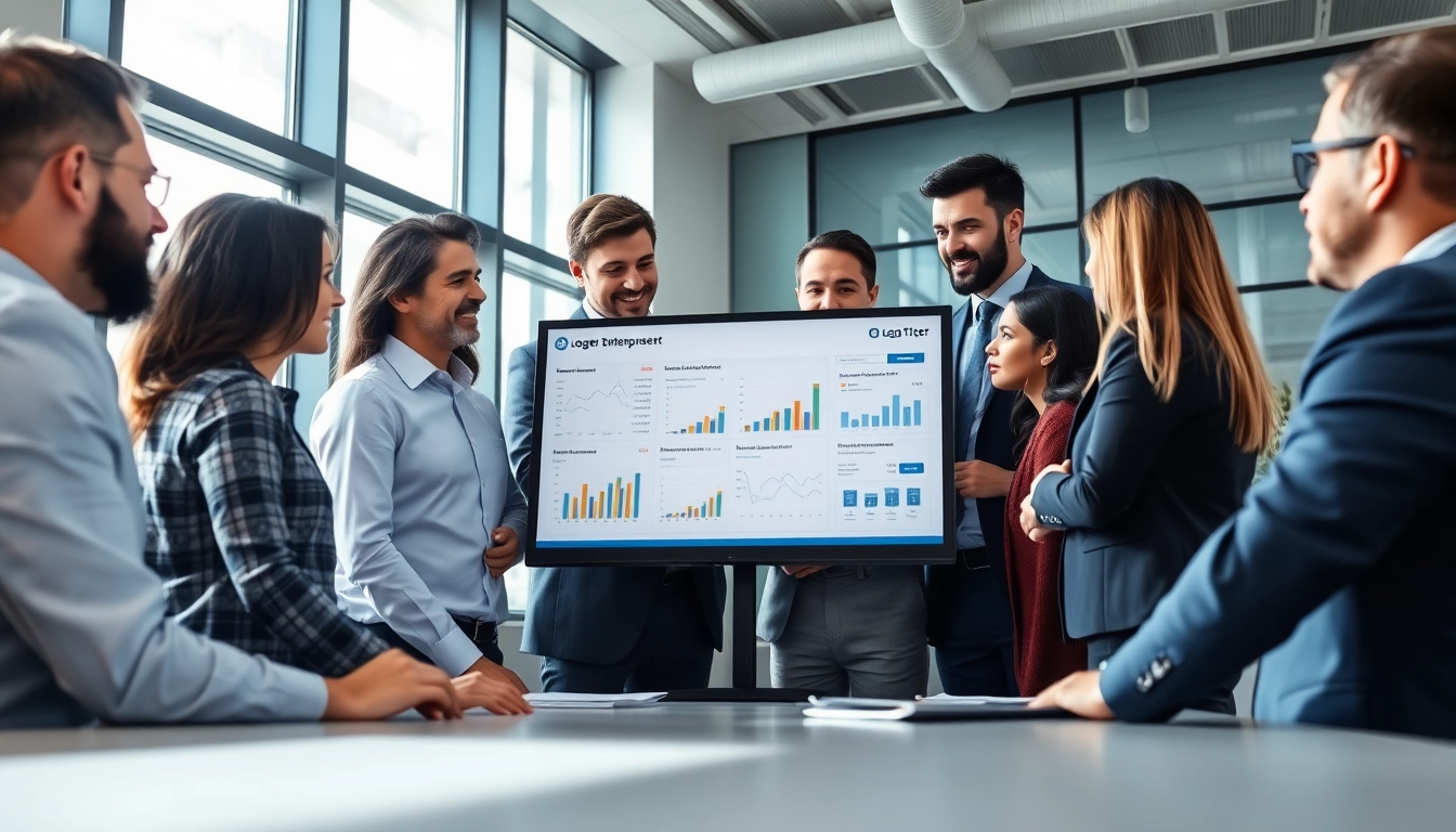 A collaborative team using Logo Tiger Enterprise in a modern office setting.