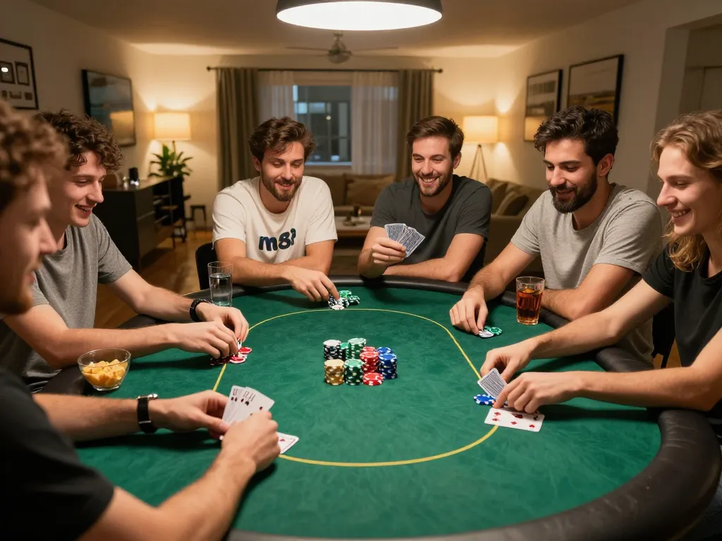 Friends enjoying a lively mm88 poker game at home, emphasizing strategic gameplay and camaraderie.