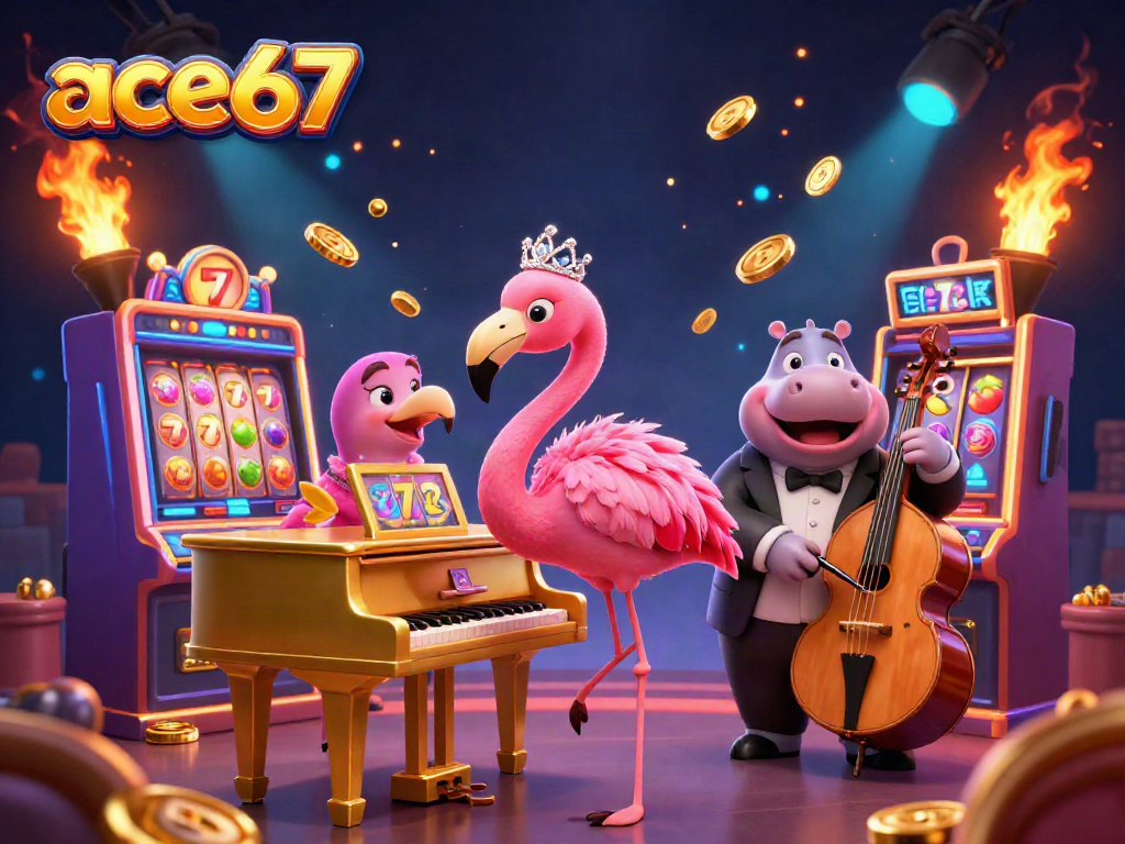 Experience ace67's thrilling gaming atmosphere with cartoon characters and vibrant slot machines.
