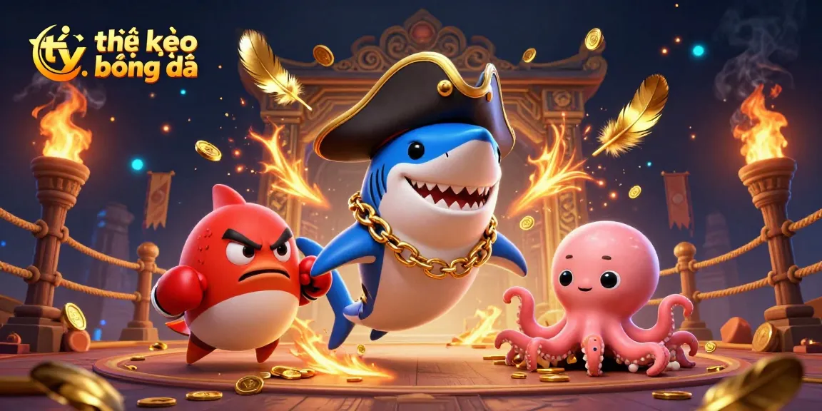 Engage in thrilling tỷ lệ kèo bóng đá with dynamic casino atmosphere, featuring fun shark and octopus characters.