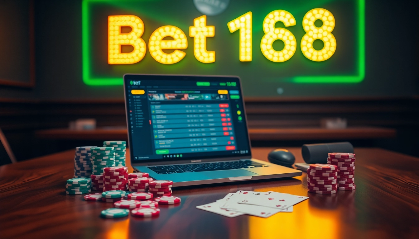 Bong da bet168 sports betting scene with poker chips, a laptop, and vibrant cards.