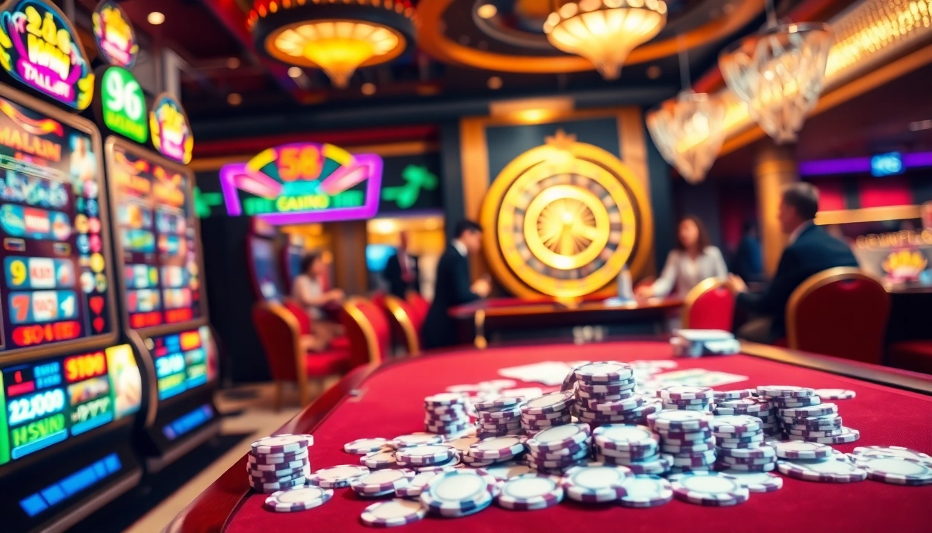 Players enjoying a thrilling moment at 98win's slot machines in a luxurious casino setting.