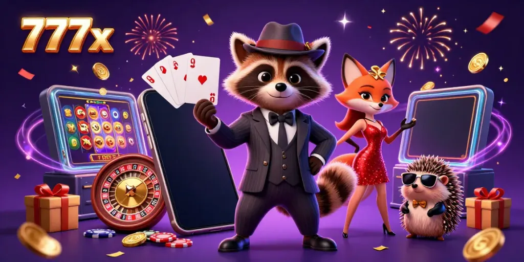 Experience thrilling gameplay at 777x with a suave raccoon, charming fox, and bouncer enjoying casino excitement.