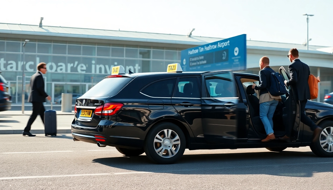 Passengers arriving at Heathrow while loading luggage into a taxi.