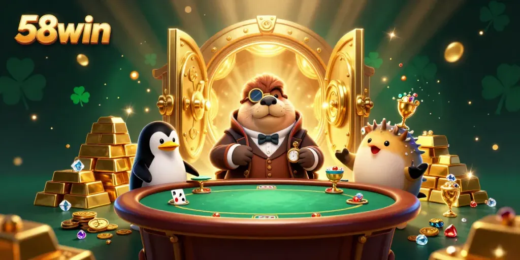 Experience thrilling poker action at 58win with a walrus, dealer penguin, and playful pufferfish.
