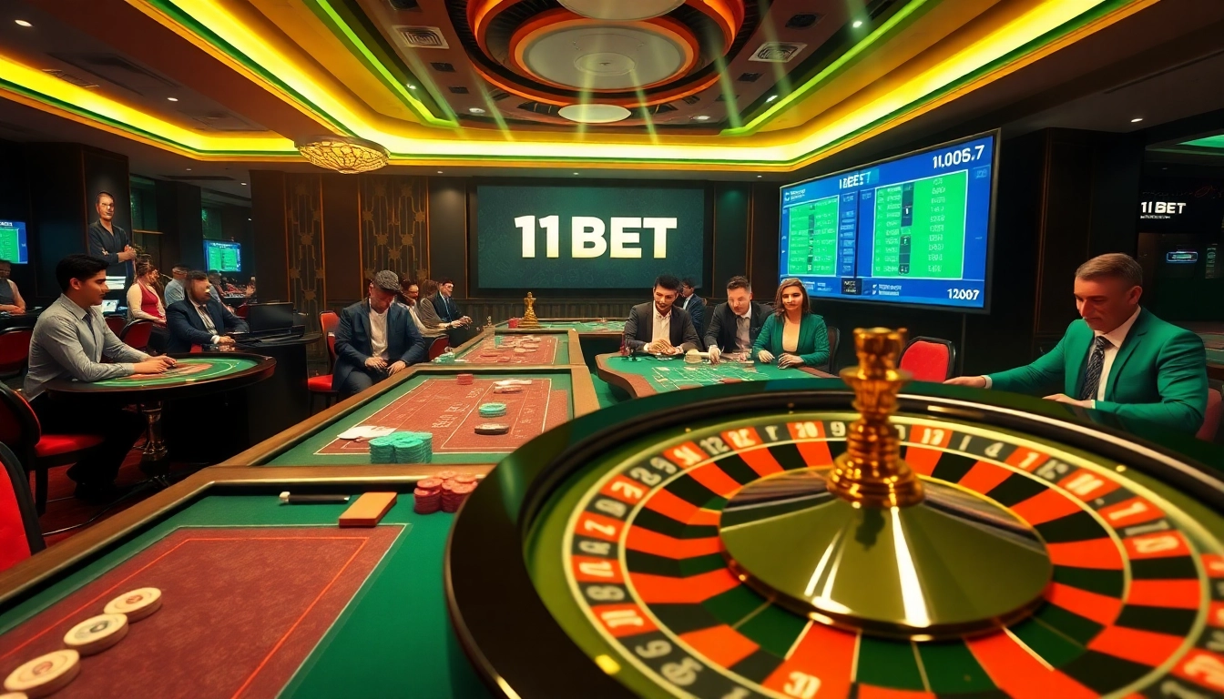 Engaged gamblers enjoying thrilling sports betting at 11BET's luxurious casino.