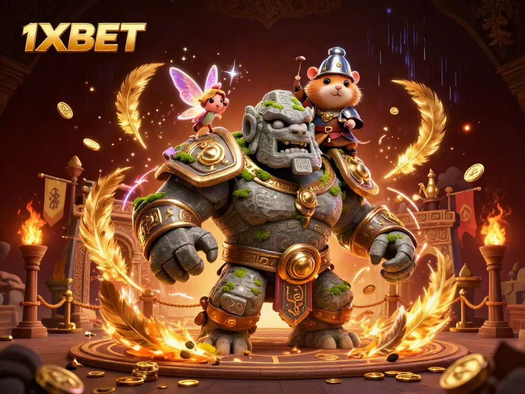 Engage in thrilling gameplay with 1XBET featuring a magical scene of a golem guardian, fairy, and hamster knight.