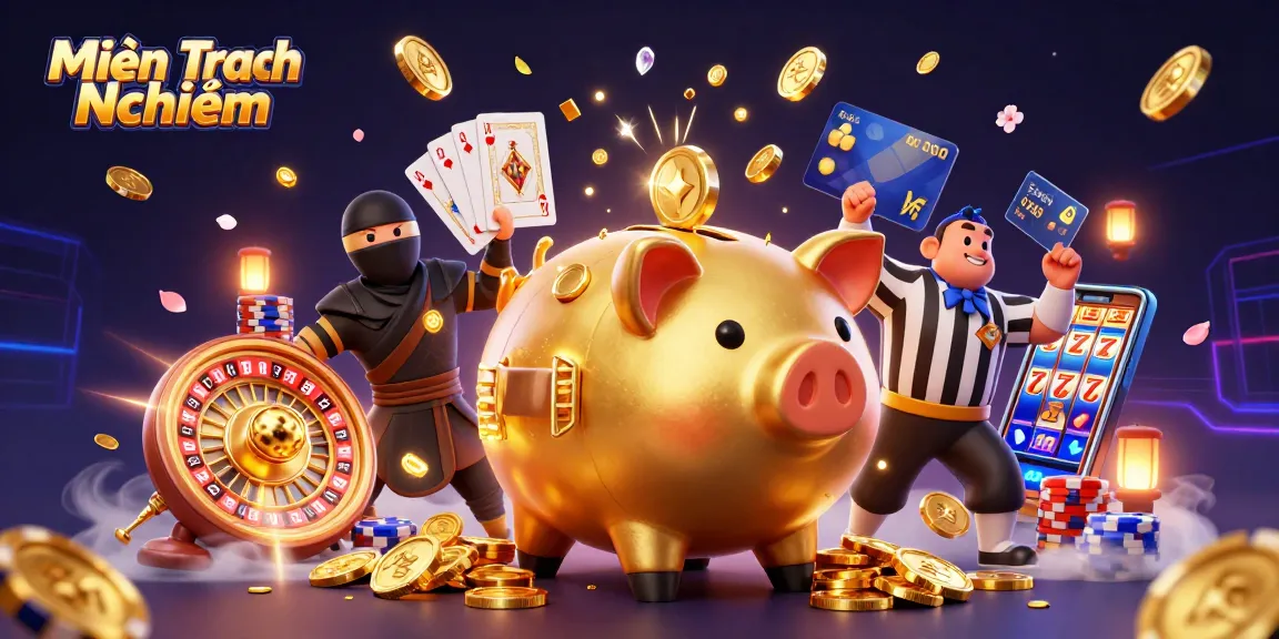 Experience the thrill of Miễn Trách Nhiệm with a dynamic scene featuring cartoon casino characters amidst cascading coins.