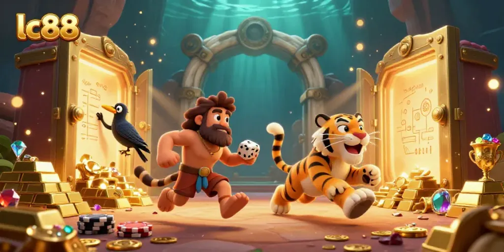 Experience the thrill of lc88 in a vibrant prehistoric casino scene with engaging characters and treasure.