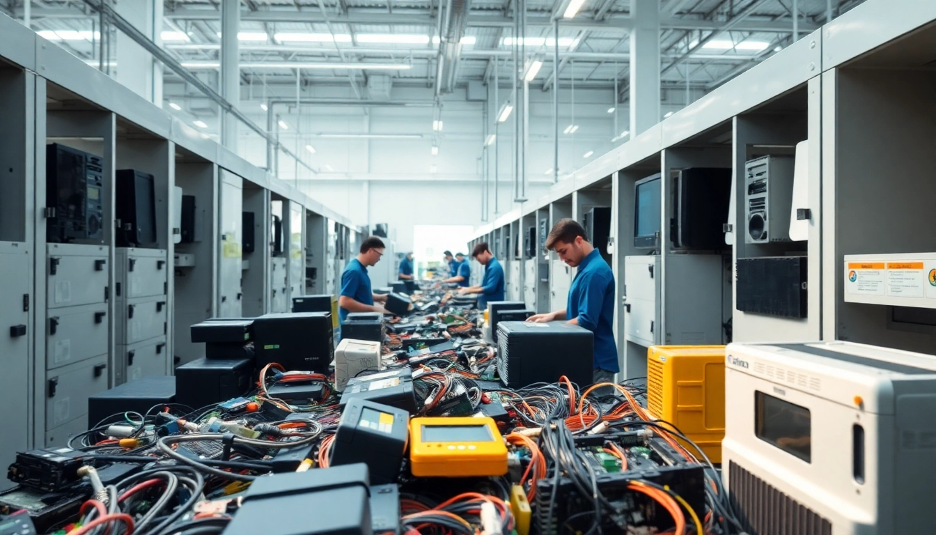 Engaging local computer recycling scene in a recycling facility with professionals at work.