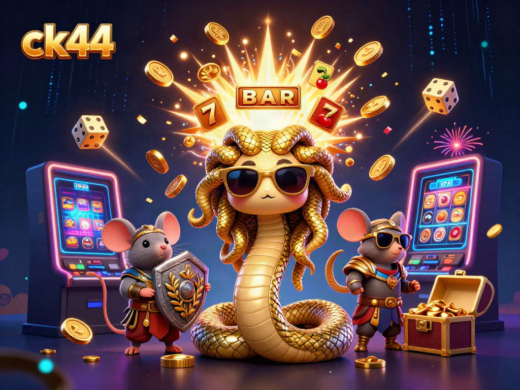 Experience thrilling moments at ck44 with a vibrant 3D illustration of a friendly Medusa and gold-themed casino elements.