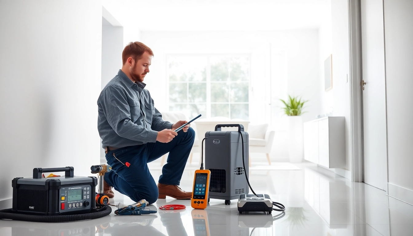Technician performing a power flush using advanced leak detection tools in a modern home.