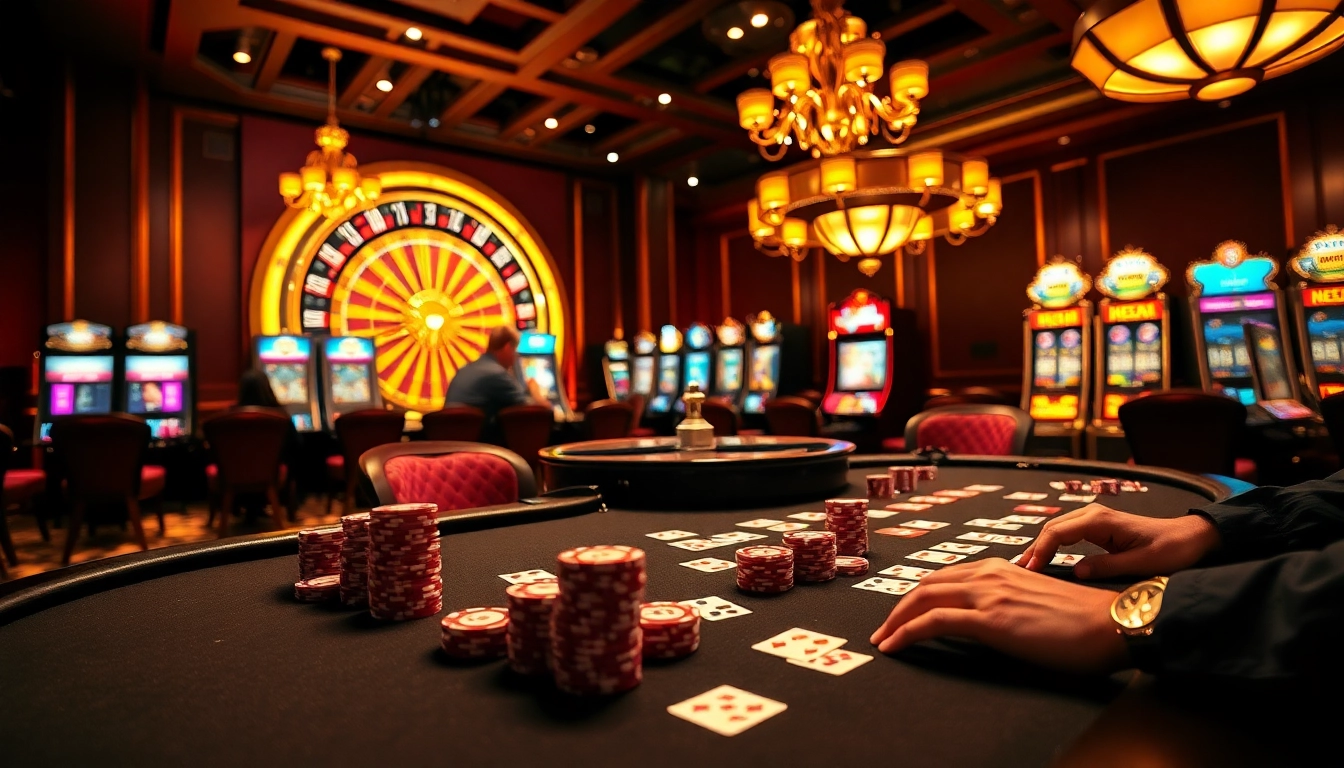 Experience the excitement of MM88 with a vibrant casino scene featuring poker, slots, and roulette.
