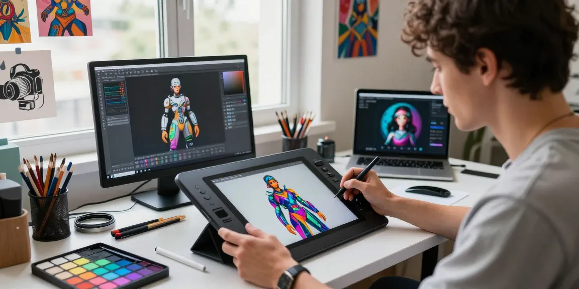 Artist creating NSFW AI artwork in modern studio filled with digital tools.